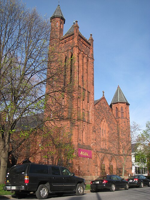 State Street Congregational Church, Portland, ME (1892–93). Stevens wrapped the existing wooden church in sandstone and added the Gothic tower and fac