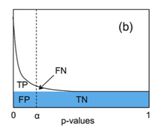 Schematic representation of the Storey procedure for correcting for multiple hypothesis testing, assuming correctly calculated p-values. y-axis is frequency. Storey-Tibshirani procedure.png