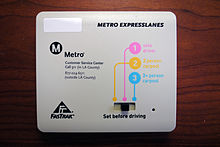 An in-vehicle, switchable FasTrak Flex transponder fitted to the dashboard of vehicles for use in Greater Los Angeles, CA, US Switchable FasTrak transponder.jpg