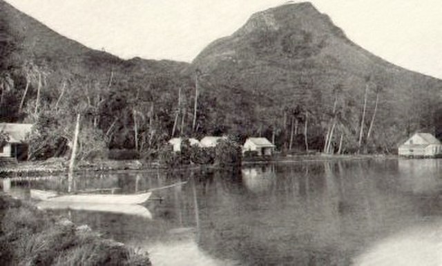 View of Raʻiātea Mountain. The mummies of Tahitian rulers were formerly deposited on this mountain, which is considered sacred (tapu).