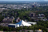 Talisman Centre with Manchester in the background Talisman Center.JPG