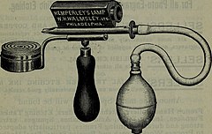 Une « lampe-flash » de 1909 ; la poire permet de souffler une petite quantité de poudre de magnésium en direction d'une flamme qui en provoque la mise à feu. C'est l'air qui joue le rôle de comburant et ce système est beaucoup moins dangereux que le précédent. La réserve de poudre suffit pour une vingtaine d'éclairs