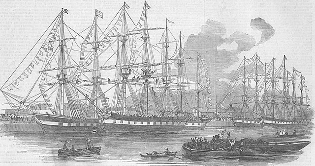 The Canterbury Association ships Bangalore, Dominion, Duke of Portland, Lady Nugent, and Canterbury in the East India Docks in 1851