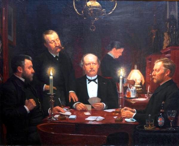 L'Hombre (1887), a painting by Malthe Odin Engelstedt. The player in the center is Rasmus Malling-Hansen, Danish inventor of the typewriter.