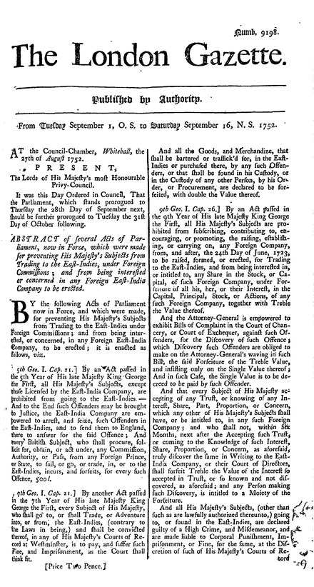 Issue 9198 of The London Gazette, covering the calendar change in Great Britain. The issue spans the changeover: the date heading reads: "From Tuesday September 1, O.S. to Saturday September 16, N.S. 1752".[1]