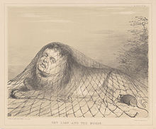 Lithograph in black pencil on cream-coloured background by John Doyle (artist), 1844 The lion and the mouse by DOYLE, JOHN (MONOGRAMMIST HB) - GMII.jpg