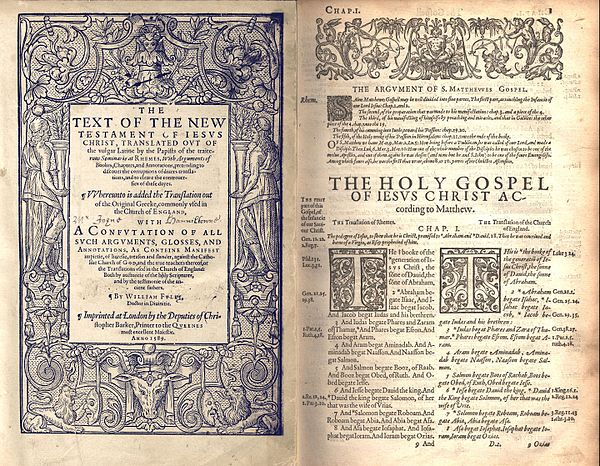 Title page of the Rheims New Testament alongside the first page of the Gospel According to Matthew from the Bishops' Bible, 1589, edited by William Fu