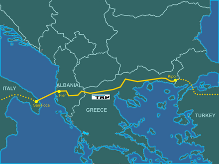 TAP route from Kipoi, Greece through Fier, Albania to San Foca, Italy.