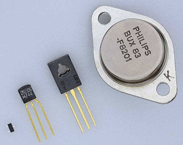 Size comparison of BJT transistor packages, from left to right: SOT-23, TO-92, TO-126, TO-3