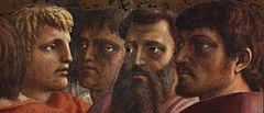 Detail from the painting showing the use of chiaroscuro. The heads are possibly those of Judas (2nd from left) and Masaccio himself as Thomas (right). Tribute Money2.jpg