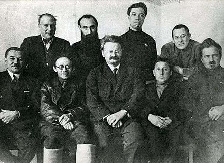 The leaders of the Trotskyist Left Opposition in Moscow, 1927 (sitting: Leonid Serebryakov, Karl Radek, Leon Trotsky, Mikhail Boguslavsky and Yevgeni Preobrazhensky; standing: Christian Rakovsky, Yakov Drobnis, Alexander Beloborodov and Lev Sosnovsky)