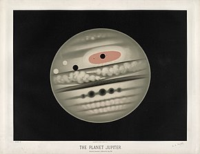 Jupiter mit zwei Monden und deren Schatten auf einer astronomischen Zeichnung des 19. Jahrhunderts (Trouvelot, 1881)