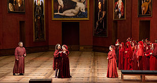 Placido Domingo, Francesco Meli, Anna Netrebko and Diana Haller in the new production of Il trovatore at the 2014 festival Trovatore 6853 Michelides.jpg