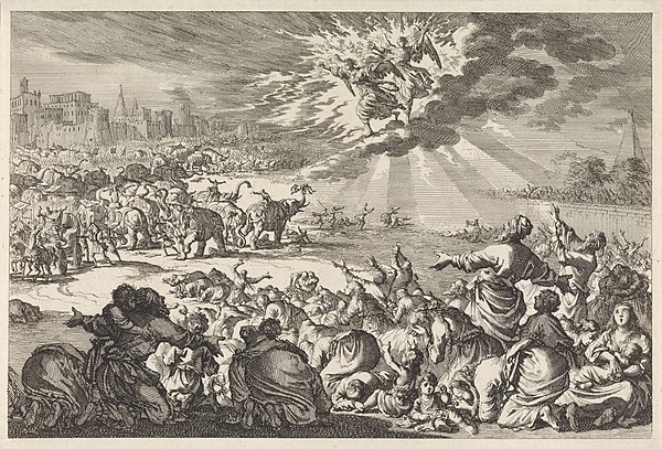 Ptolemy IV Philopator tries to have the Jews killed by drunken elephants; the Jews pray and are saved by two angels (3 Macc 5); Dutch engraving c. 170