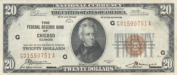 Andrew Jackson - Series of 1929 $20 bill US $20 1929 Federal Reserve Bank Note.jpg