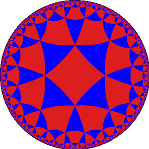 A disk tiled by triangles and quadrilaterals which become smaller and smaller near the boundary circle.