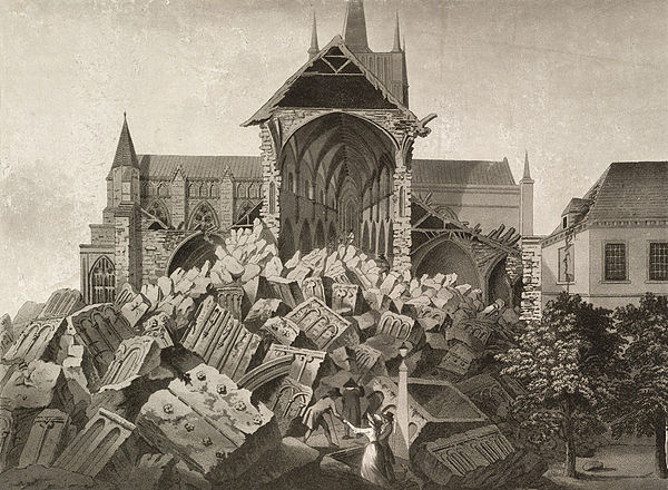 View of the Ruins of the West Tower of Hereford Cathedral, aquatint