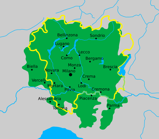 Comparison between the domains of the Duchy of Milan in the 14th century (in green) and the modern geographical borders of the Lombard language (in yellow)