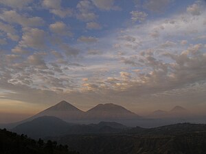 The volcanoes of Lake Atitlan: Atitlan (left center), Toliman (center), and San Pedro (far right).