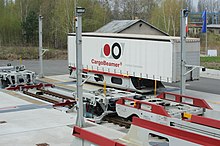 Fully automated loading procedure of a semi-trailer in the CargoBeamer test terminal Leipzig, Germany Vollautomatisches Verladen eines LKW-Aufliegers im CargoBeamer Test-Terminal Leipzig-Engelsdorf.jpg