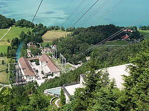 Walchensee power plant with moated castle and Kochelsee