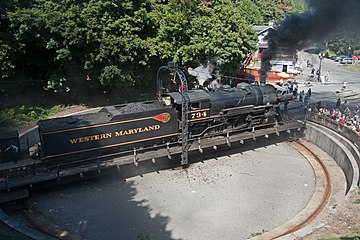 No. 734 being aligned on a turntable in Frostburg, on September 5, 2010