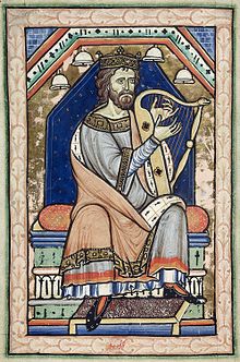 King David playing the harp at the beginning of the Psalms, f 14v Westminster Psalter David.jpg