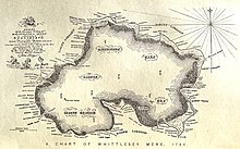 Map made and printed on satin in 1786 by land surveyor John Bodger Whittlesey Mere map 1786.jpg