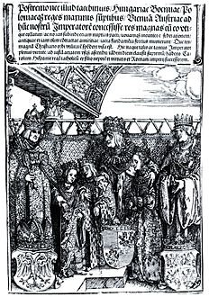 The Vienna double wedding in 1515. Woodcut by Albrecht Dürer. Sigismund I the Old is on the far right.