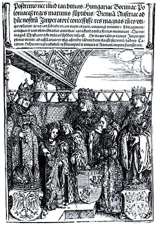 Woodcut by Albrecht Durer from the Triumphal Arch commemorating the double wedding at the First Congress of Vienna, on 22 July 1515. Anna's betrothed Ferdinand I (age 11) is not shown. From left to right: Maximilian I; Maximilian's granddaughter, Mary (age 9) marrying Vladislaus's son Louis (age 9); Vladislaus II; Vladislaus's daughter, Anna (age 12); and Vladislaus's brother, Sigismund I. Wiener Doppelhochzeit.jpg
