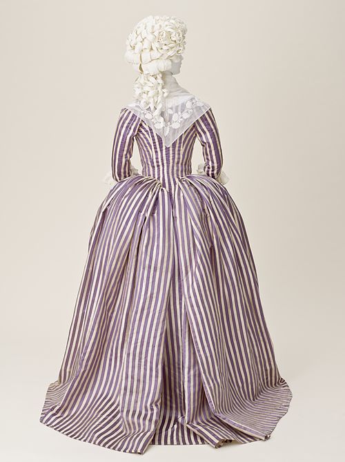 Close-bodied gown or robe à l'anglaise of purple and white striped silk, French, 1785-90, LACMA, M.2007.211.931