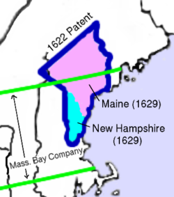 The 1622 grant of the Province of Maine is shown outlined in blue. The 1629 division into the Province of New Hampshire (south of the Piscataqua) and the Province of Maine (north of the Piscataqua) is shown by shading. The boundaries of the Massachusetts Bay Company grant are shown in green.