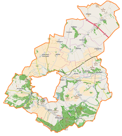 Mapa konturowa gminy wiejskiej Złotoryja, u góry po prawej znajduje się punkt z opisem „Pałac w Lubiatowie”