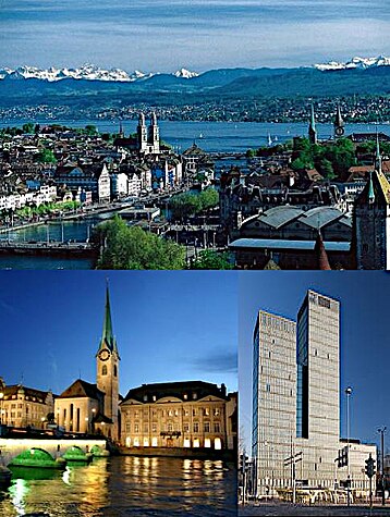 Top: View over Zürich and the lake Middle: Fraumünster Church on the river Limmat (left) and the Sunrise Tower (right) Bottom: Night view of Zürich from Uetliberg