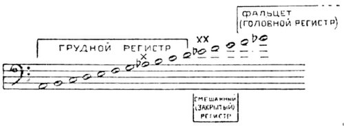 Грудной регистр примерно на la бемоль (нота, обозначенная — х) требует, как было подмечено знаменитым Гарсиа, нек-рого округления звука, переходя на mi бемоль (хх) в закрытый смешанный регистр, к-рый неправильно называют или грудным, или головным.