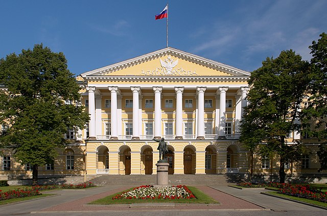 Facade of the Smolny Institute, meeting place of the City Hall's Committee for Foreign Affairs, where Medvedev worked as a consultant