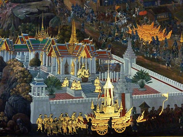 Mural of the Ramakien Epic, written by the King, the Thai version of the Ramayana, on the walls of the Temple of the Emerald Buddha, Grand Palace, Ban