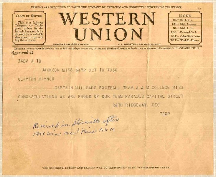 File:1930 Western Union telegram Millsaps College Mississippi State University.jpg