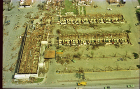 Aerial photograph of a damaged motel