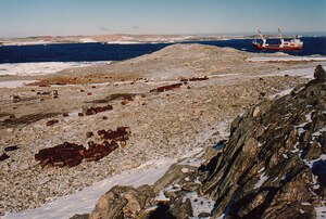 1988 photo shows diesel oil drums in the foreground, oil spill is visible on the left in the middle distance, the Icebird (ship) is visible at anchor in Vincennes Bay. The new Casey Station is visible on the skyline at the left of the photo in the distance across the bay. 1988 Drums Icebird.TIF