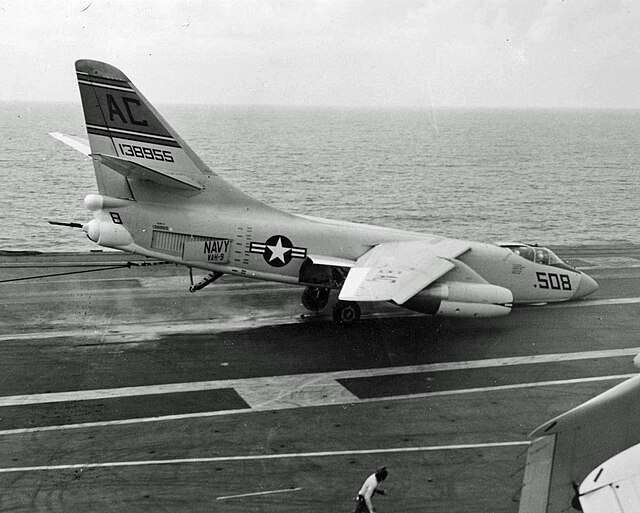 An A3D-2, BuNo 138955, from NAS Sanford-based Heavy Attack Squadron NINE (VAH-9) suffers a nose wheel collapse while landing aboard USS Saratoga (CVA-