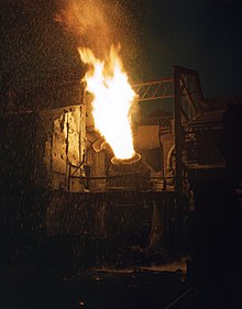 Iron being converted to steel for wartime efforts at Youngstown's Republic Steel in 1941. A scene in a steel mill, Republic Steel, Youngstown, Ohio.jpg