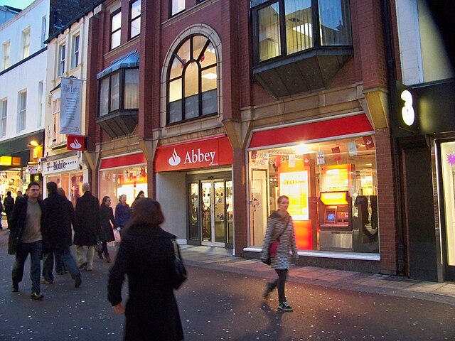 A branch of Abbey on Commercial Street, Leeds showing Santander marketing material in the windows in January 2010.