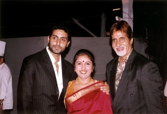 From left to right: Abhishek Bachchan, Revathi, and Amitabh Bachchan at an event marking the audio release of Dil Jo Bhi Kahey..., 2005