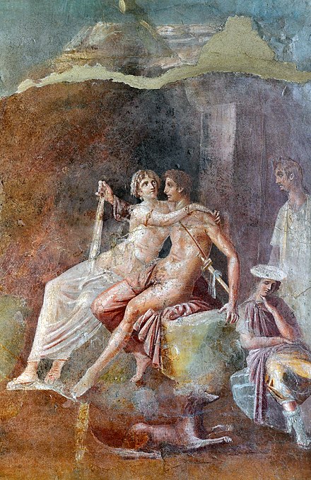 Dido embracing Aeneas, from a Roman fresco in the House of Citharist in Pompeii, Italy; Pompeian Third Style (10 BC – 45 AD)