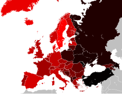 Average age at first marriage. Darker is younger. Age at first marriage Europe Average.svg