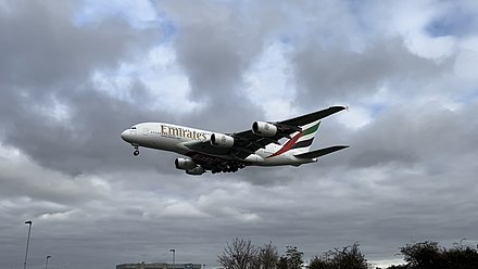 A6-EVS, the last A380 to roll off the production line at Toulouse, photographed at Heathrow Airport on 19 November 2022. This aircraft, serial number 272, entered service with Emirates on 16 December 2021.[134]