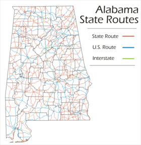 Carte du réseau des routes d'État de l'Alabama