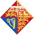 Arms of HRH The Princess Elizabeth of the United Kingdom, used from 1944 to 1952. From 1947 it was shown circumscribed by the Garter: Royal arms of King George VI differenced by a label of three points argent charged on the centre point with a Tudor rose and on each of the others with a cross gules