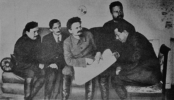 From left: Béla Kun, Alfred Rosmer, Leon Trotsky, Mikhail Frunze and Sergey Gusev. Kharkiv Ukraine 1920. Russian Civil War.